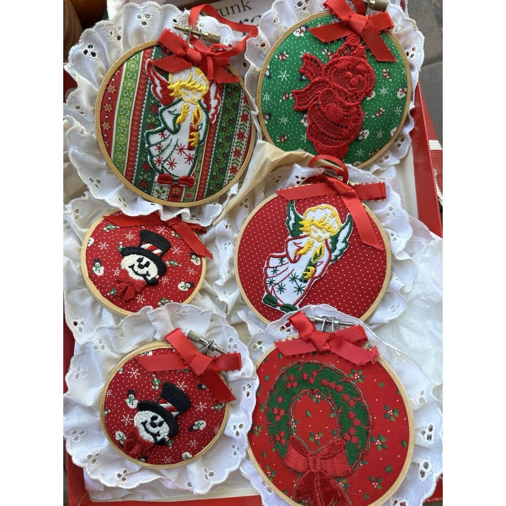 Vintage Handmade Christmas Embroidery Hoop Ornaments Angels Snowmen Lot of 6